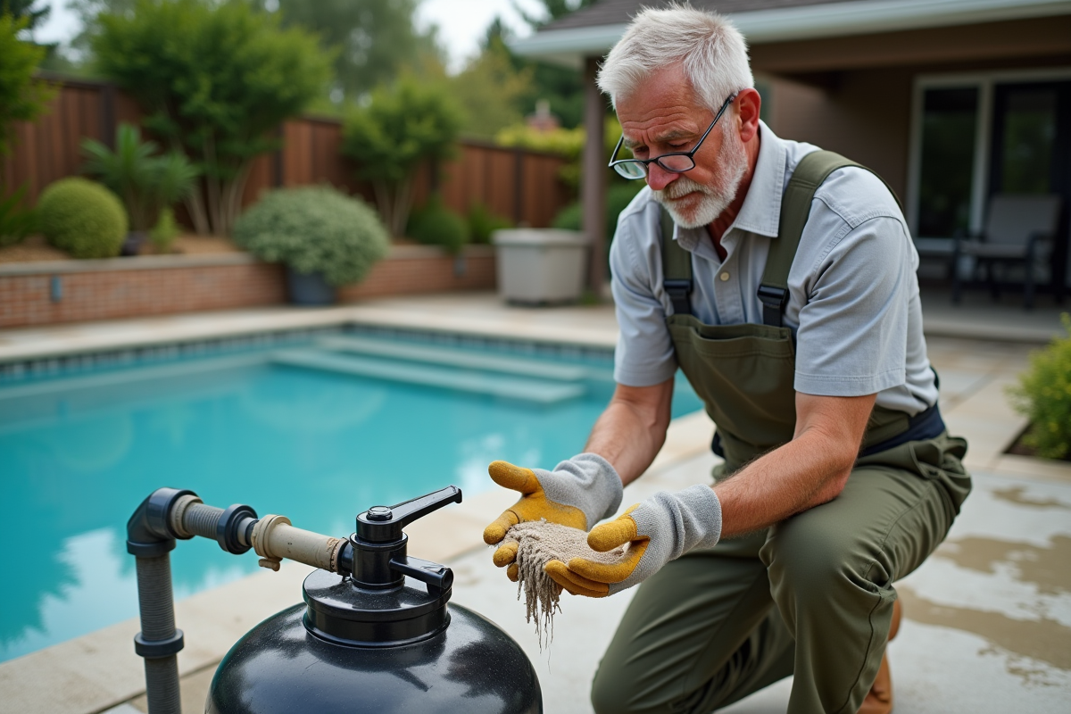Homme inspectant un filtre à sable de piscine en extérieur