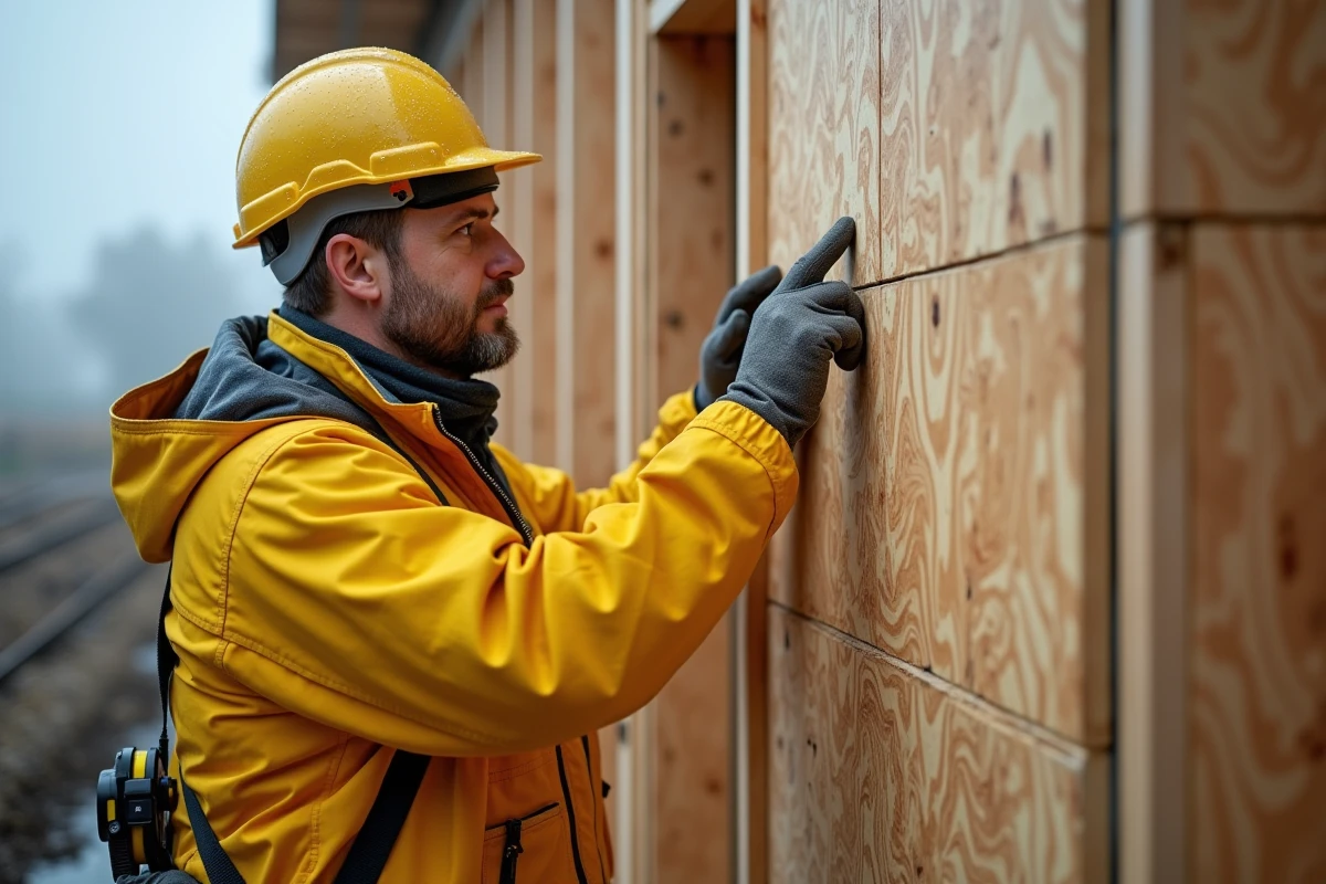 Ouvrier du bâtiment inspectant un panneau OSB extérieur décollé par l'humidité sur un chantier sous la pluie