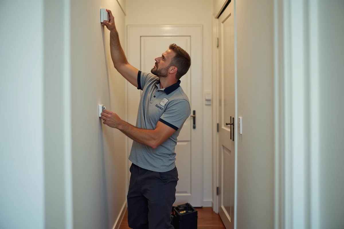 Technicien en train d'installer un capteur de mouvement pour un système de télésurveillance dans un appartement