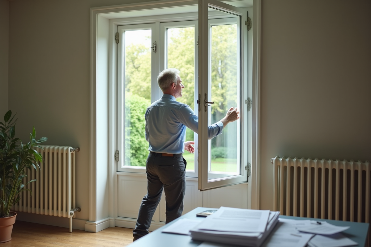 Homme installant une fenetre double vitrage dans un salon lumineux