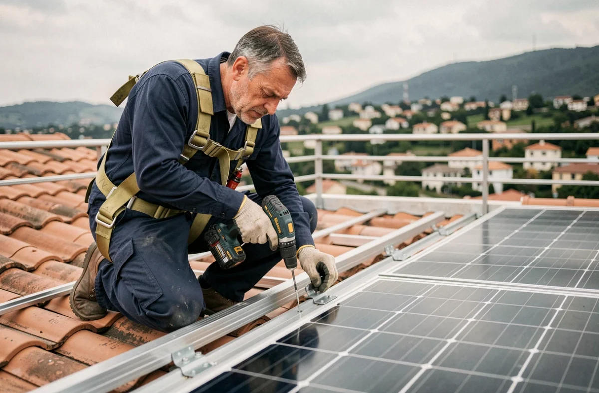 Technicien en train d'installer un kit solaire autoconsommation 4 panneaux sur une toiture