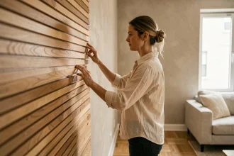 Femme installant un panneau latte bois auto-adhésif sur un mur de salon sans travaux lourds