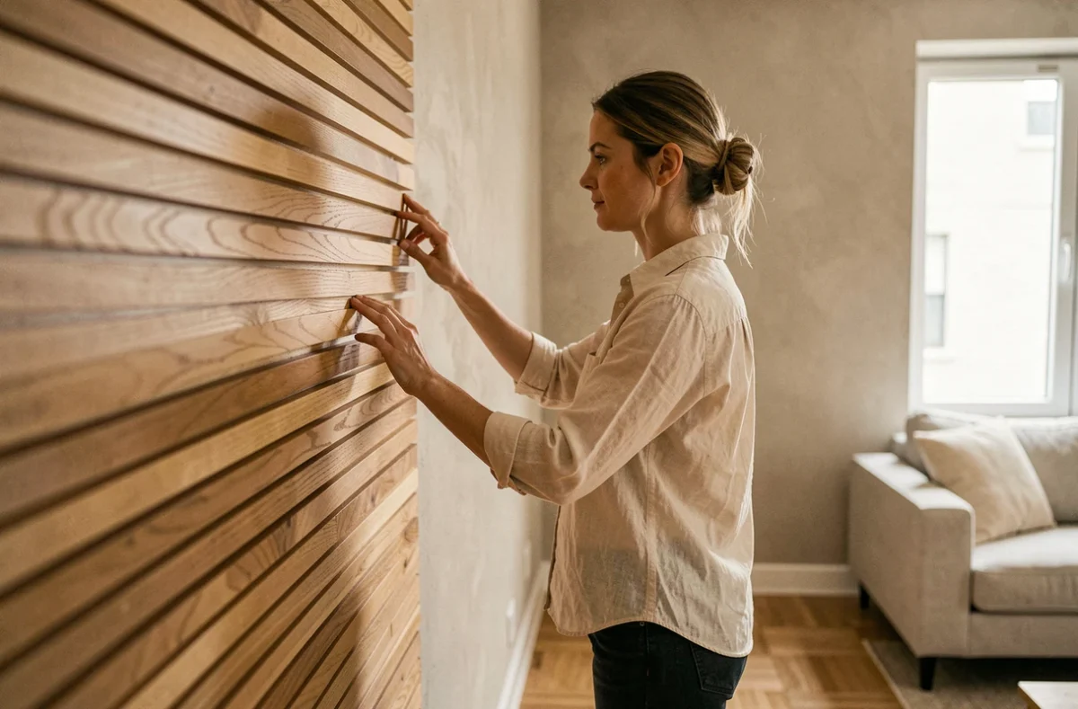 Femme installant un panneau latte bois auto-adhésif sur un mur de salon sans travaux lourds