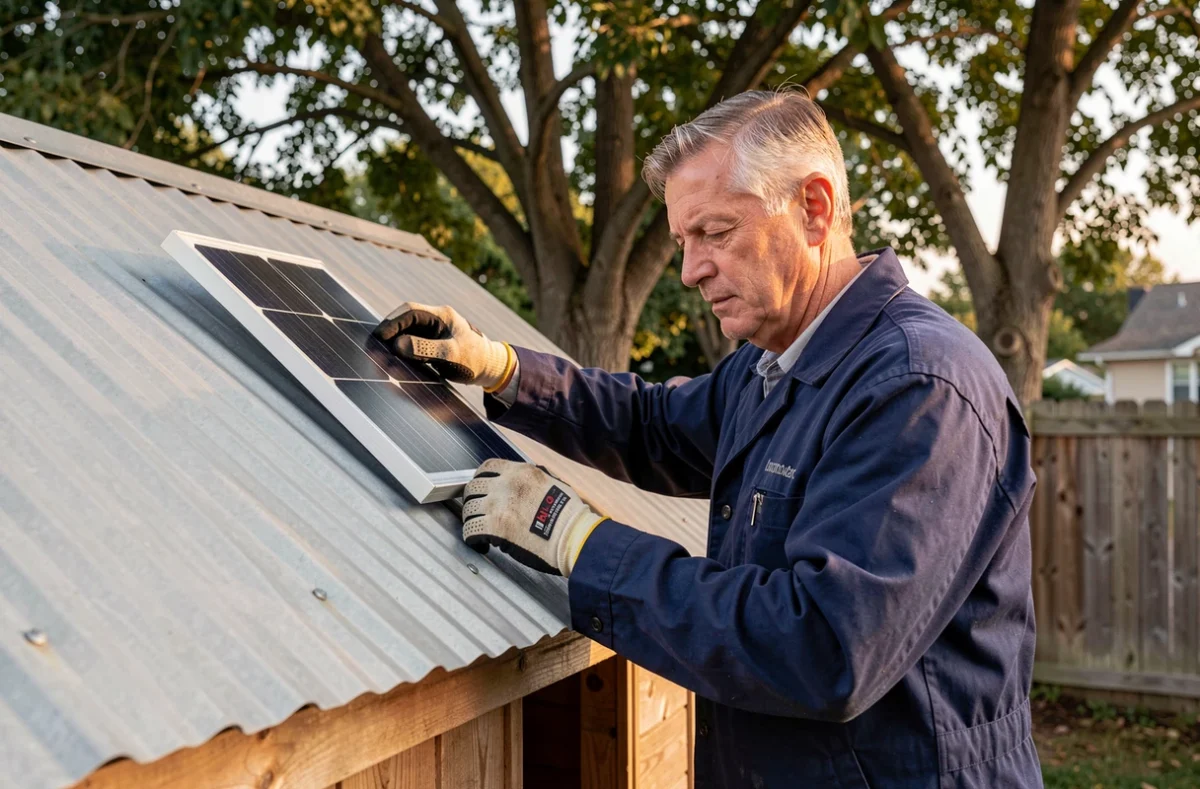 Homme installant un panneau solaire 12 volts sur le toit d'un abri de jardin