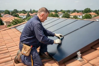 Technicien installant des panneaux solaires thermiques sur un toit de maison individuelle