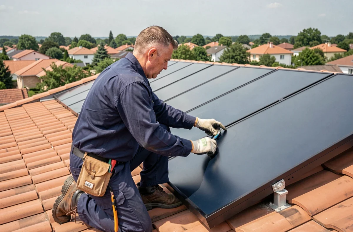 Technicien installant des panneaux solaires thermiques sur un toit de maison individuelle