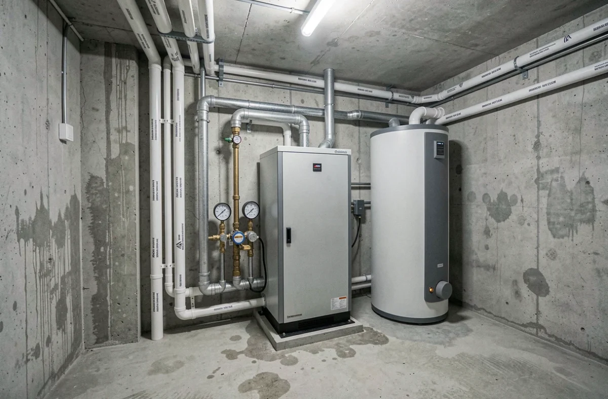 Installation technique d'une pompe à chaleur géothermique dans une chaufferie résidentielle avec tuyauterie et équipements visibles