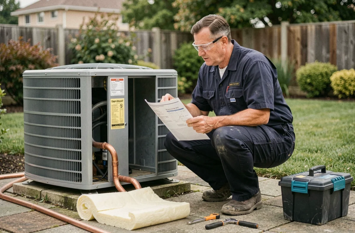 Technicien en train d'installer une pompe à chaleur 14 kW dans le jardin d'un pavillon résidentiel