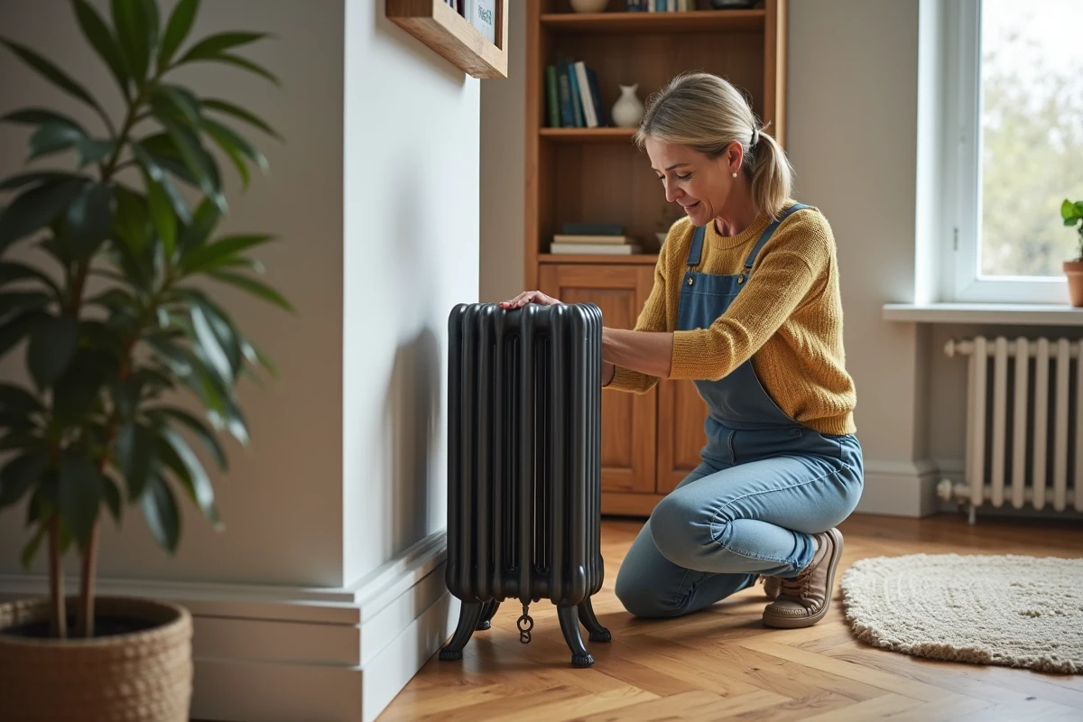 Femme posant un radiateur en fonte sur parquet en bois