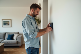 Homme installant un thermostat intelligent dans un salon moderne