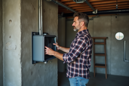 Homme moyenâge en jeans installe une ventilation moderne dans un sous-sol