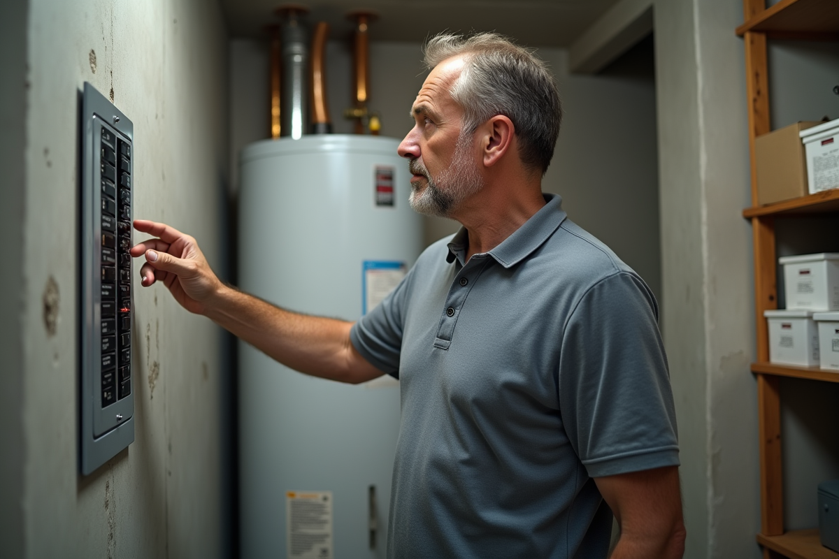 Homme inspectant un tableau électrique dans une pièce propre
