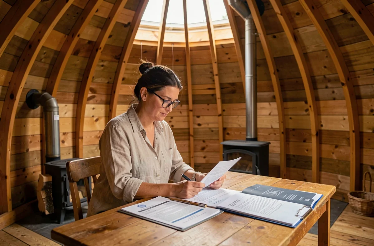 Intérieur d'une yourte en bois avec documents de permis de construire français et poêle à bois en fonte