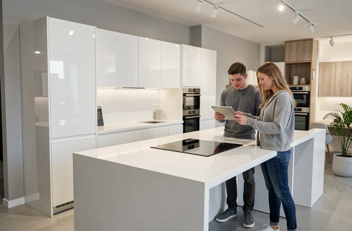 Cuisine moderne Ixina à Épinal avec façades blanches laquées et îlot central en quartz