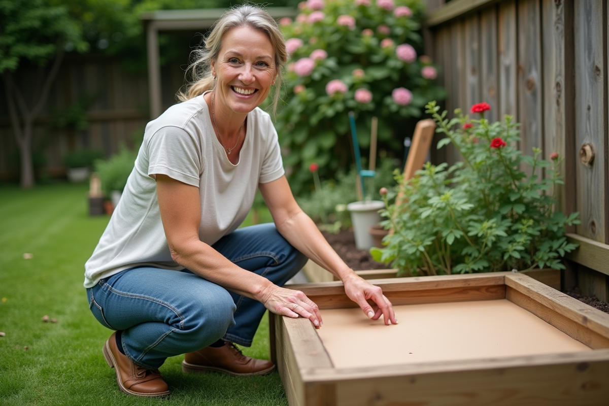 Femme de 40 ans en jardinage posant près d'un lit de jardin en bois