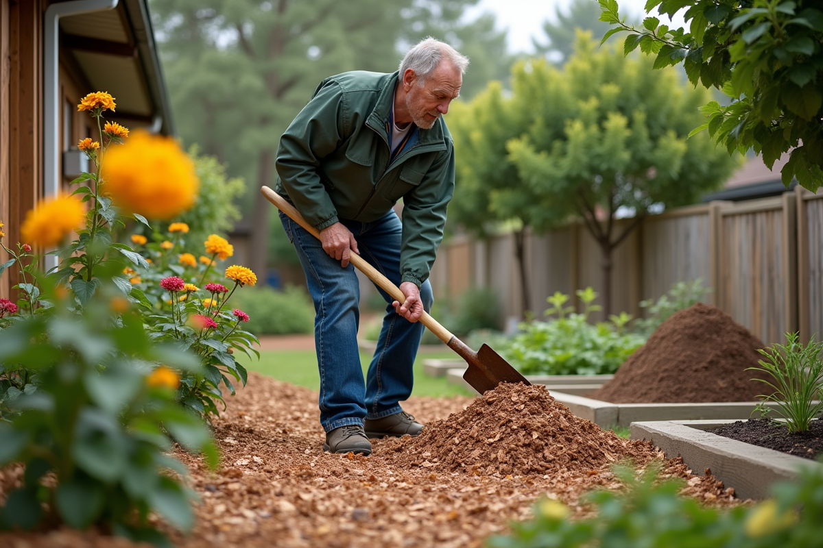 Homme d'âge moyen en vêtements de jardinage utilisant une pelle dans un jardin luxuriant