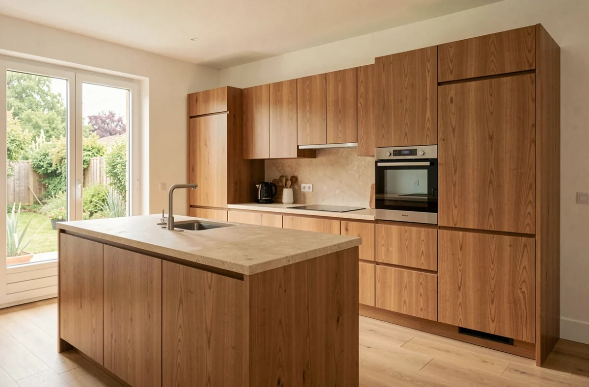 Cuisine éco-responsable J D Concept Ecocuisine avec caissons en bois naturel et plan de travail en pierre recyclée