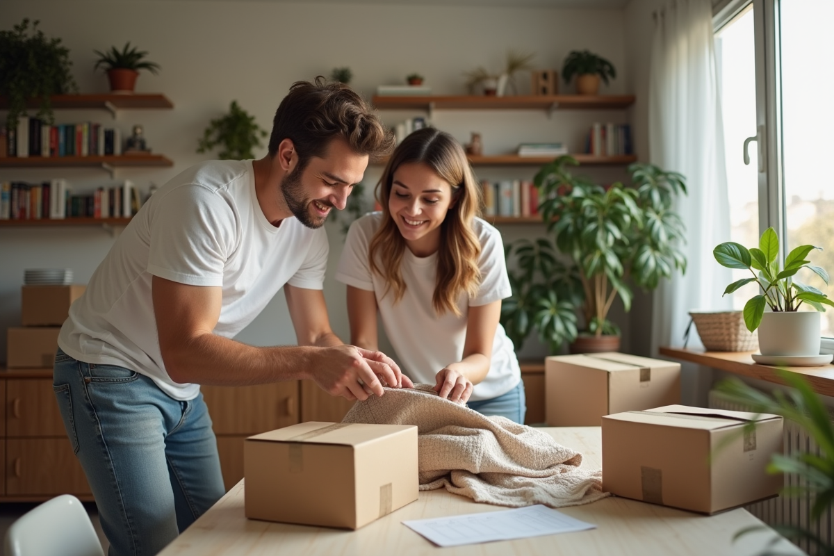 Jeune couple souriant en préparant des cartons de déménagement
