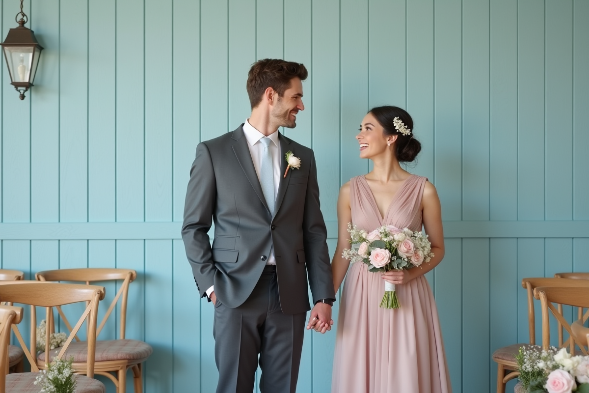 Jeune couple main dans la main devant un mur en bois peint pastel
