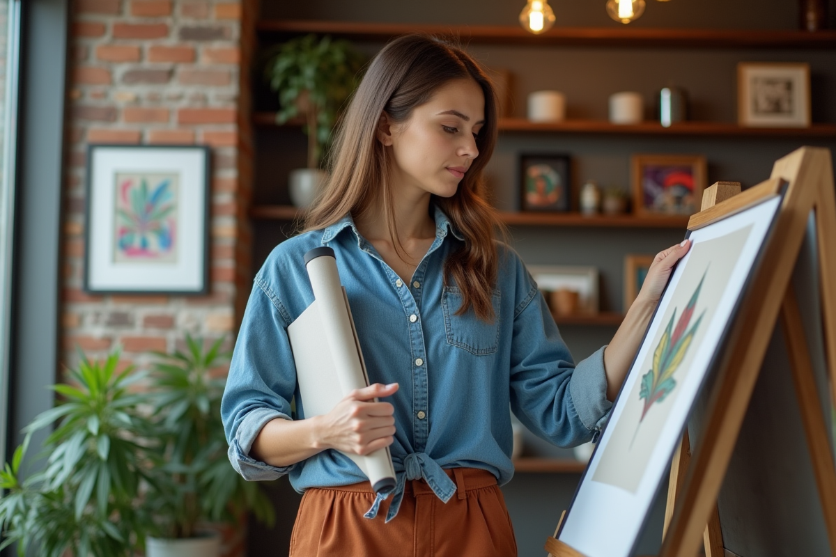 Jeune femme choisissant une affiche dans une boutique d'art urbaine