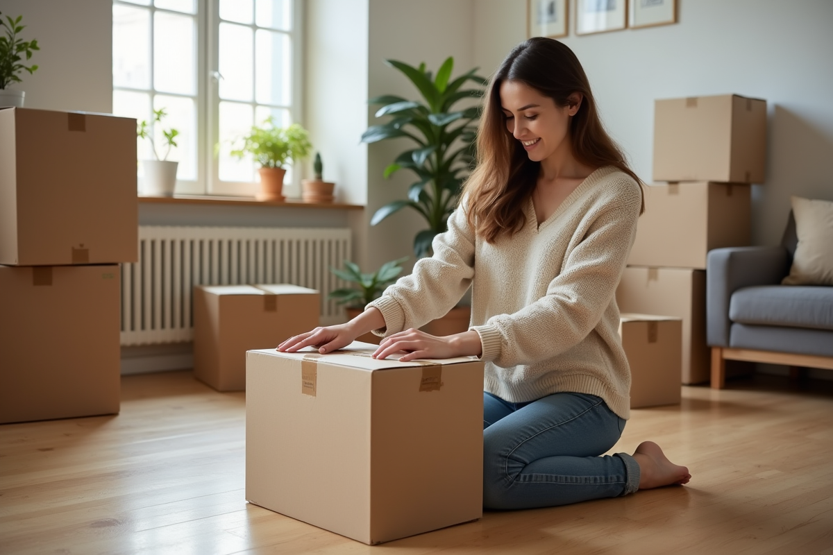 Jeune femme emballant une boîte dans un intérieur cosy