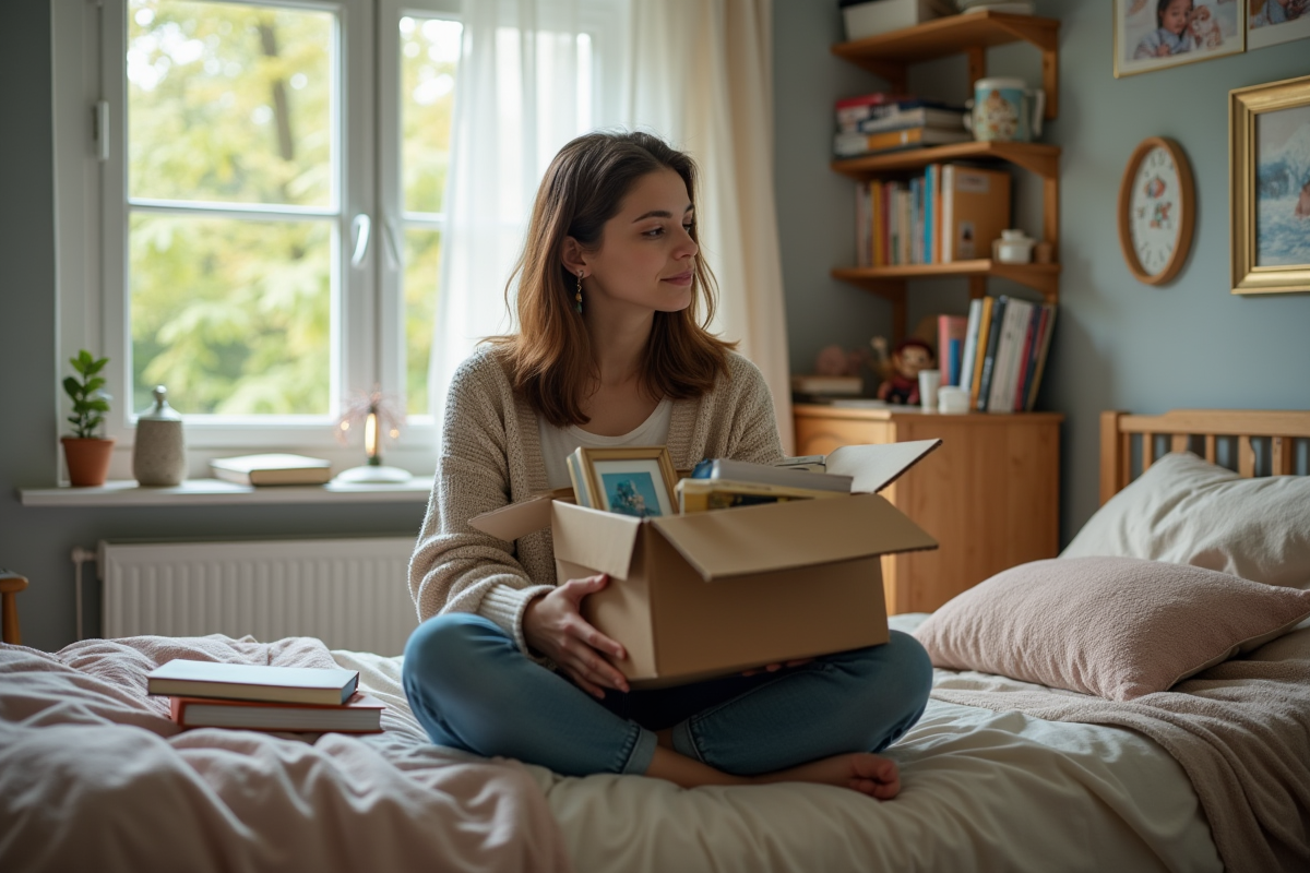 Jeune femme emballant des livres dans une chambre chaleureuse
