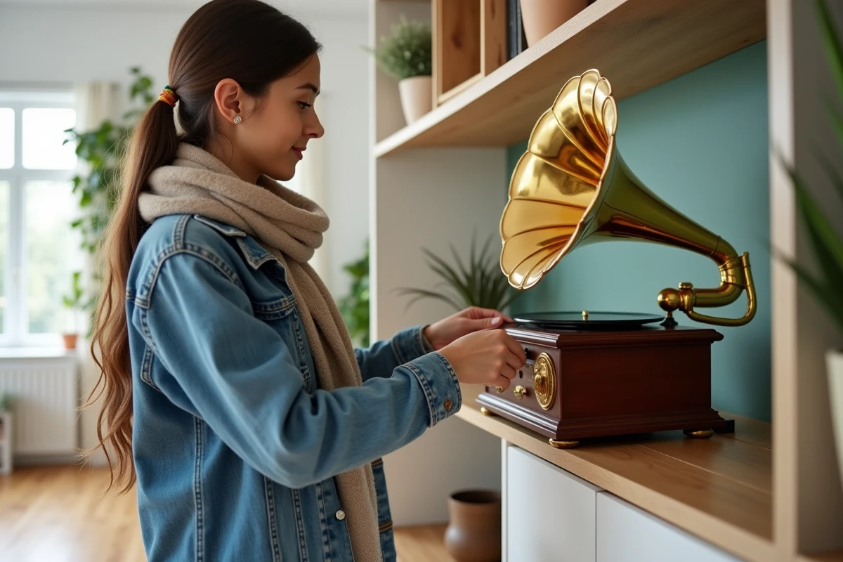 Jeune femme arrangeant un gramophone décoratif dans un salon moderne