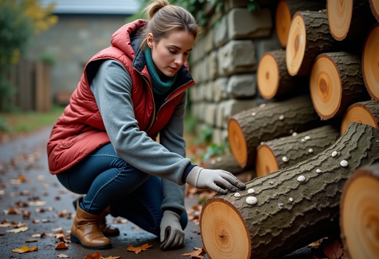 Jeune femme vérifiant un bois avec des taches fongiques dans un jardin