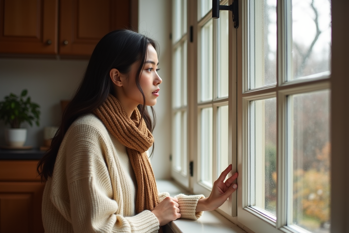 Jeune femme admire la vue extérieure par une fenêtre triple vitrage