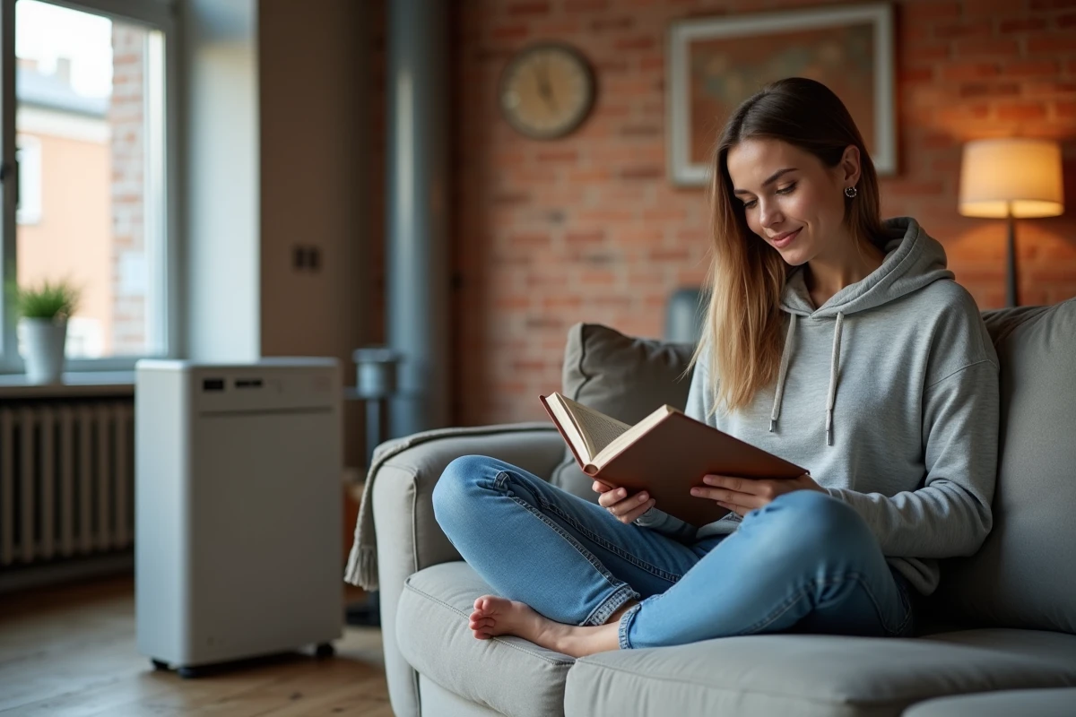 Jeune femme lisant sur un canapé avec un radiateur électrique en premier plan