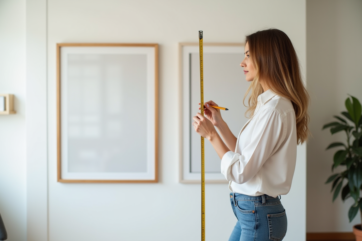 Jeune femme mesurant un mur pour accrocher des cadres