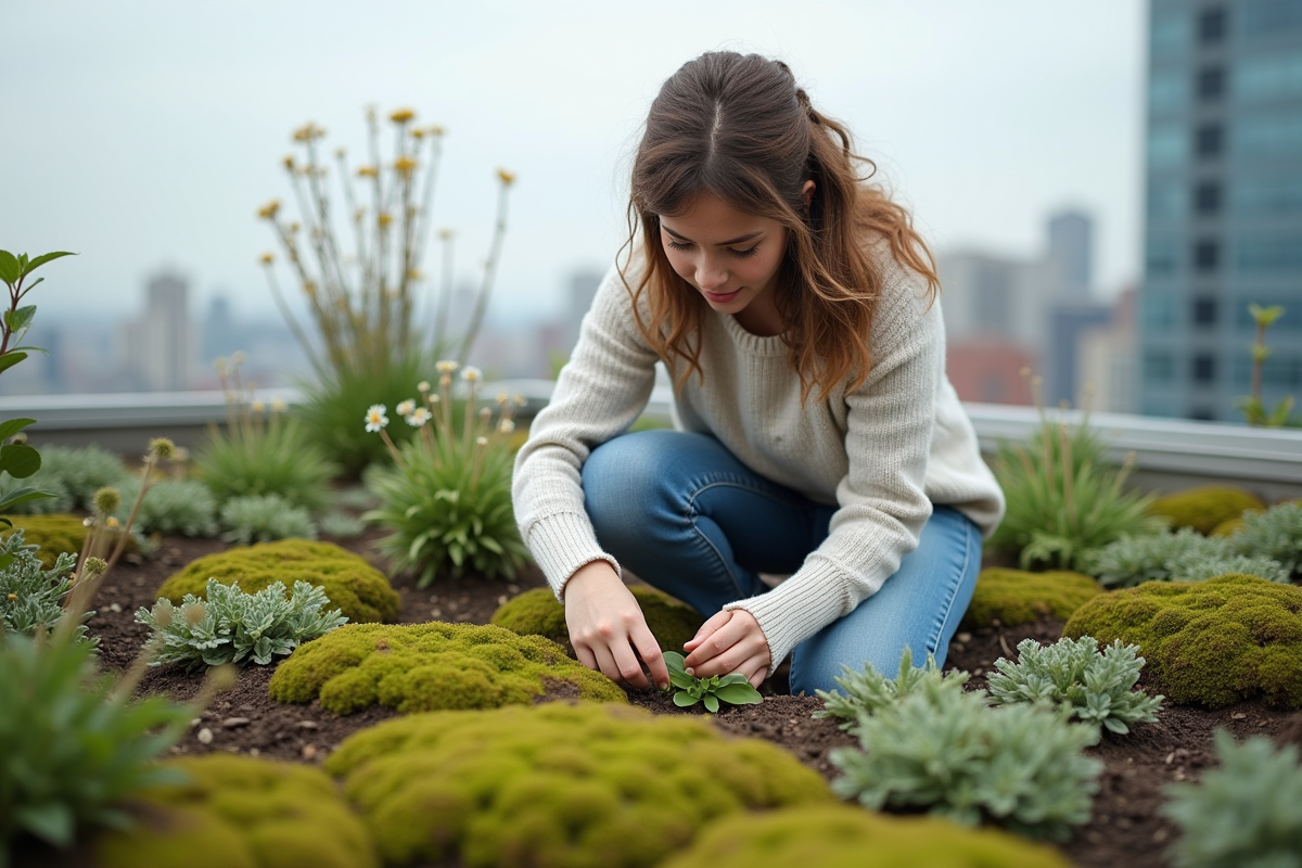 Jeune femme en denim plantant sedum sur toit urbain