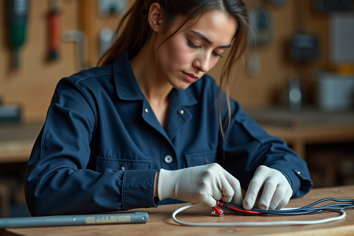 Jeune femme technicienne installant des fils électriques