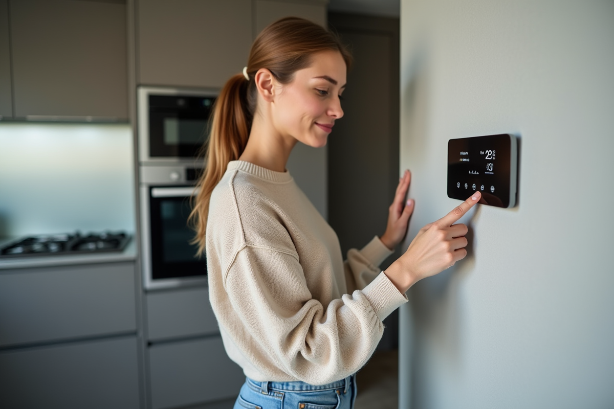 Jeune femme réglant un thermostat numérique dans un appartement moderne