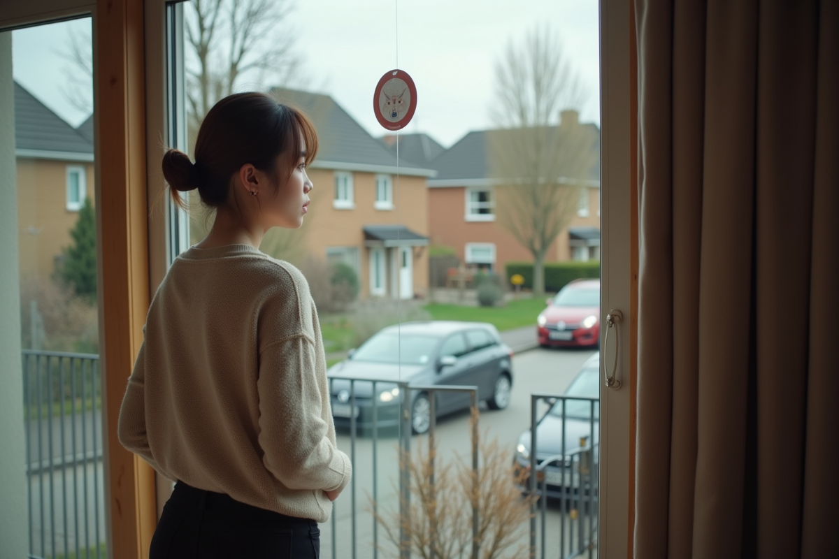 Jeune femme regardant par la fenêtre avec des stickers sur la porte