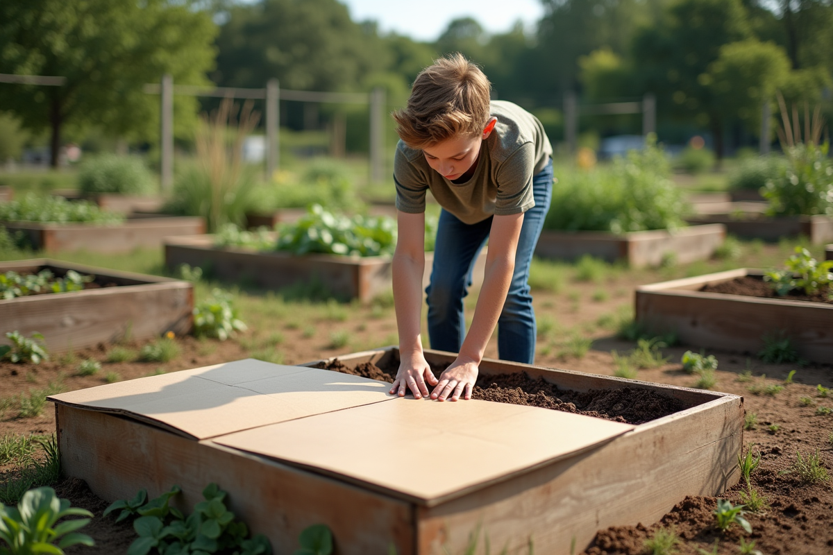 Adolescent arrangeant des cartons dans un jardin communautaire