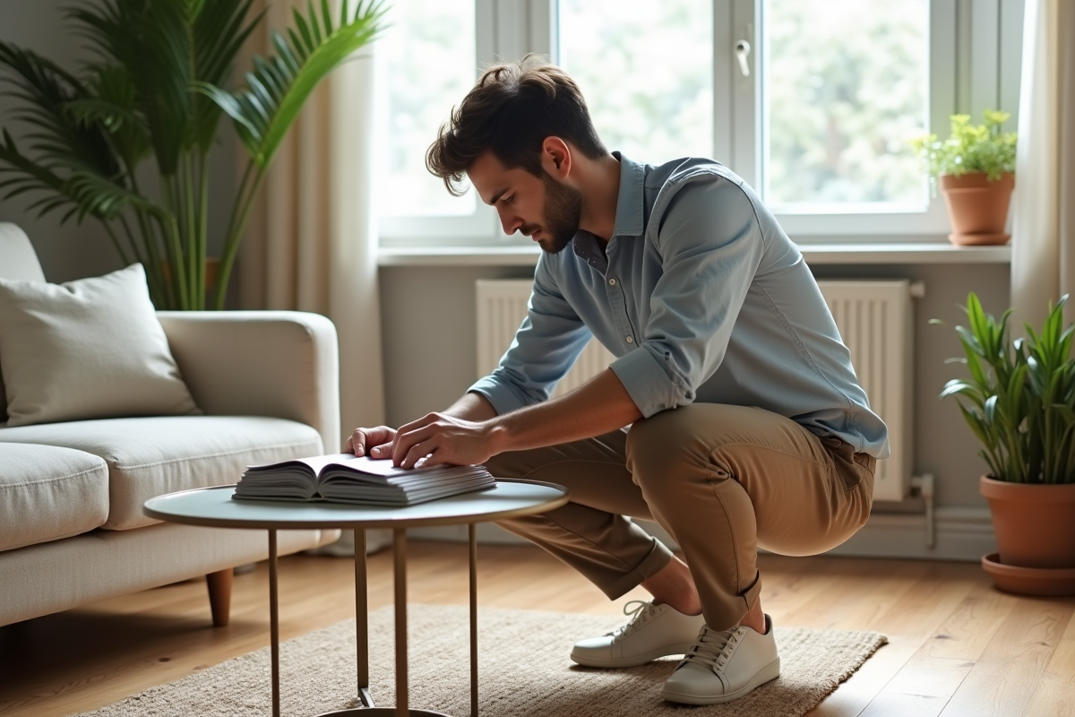 Jeune homme ajustant des magazines sur une table basse