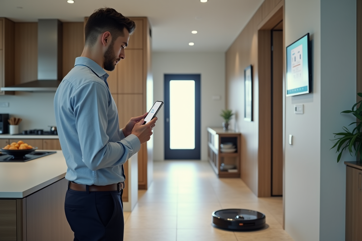 Jeune homme utilisant son smartphone pour contrôler la maison connectée