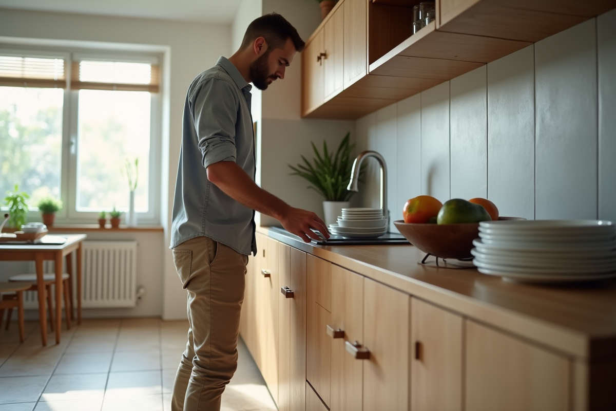 Jeune homme plaçant des plats dans un meuble de cuisine moderne