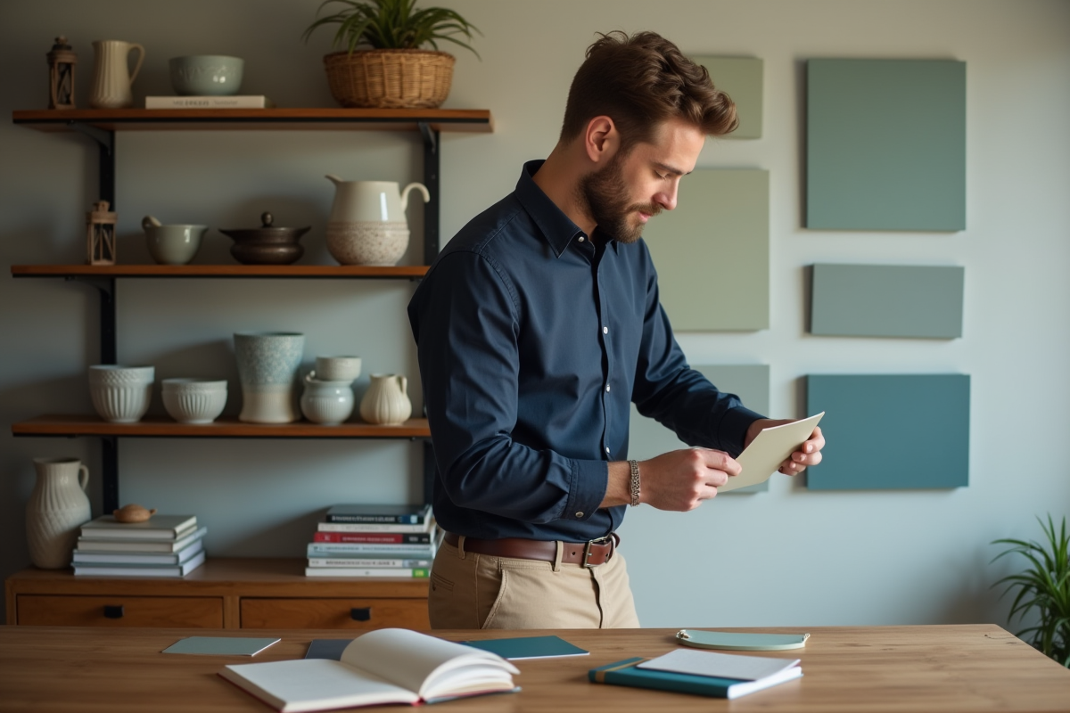 Jeune homme examinant des échantillons de peinture dans la salle à manger