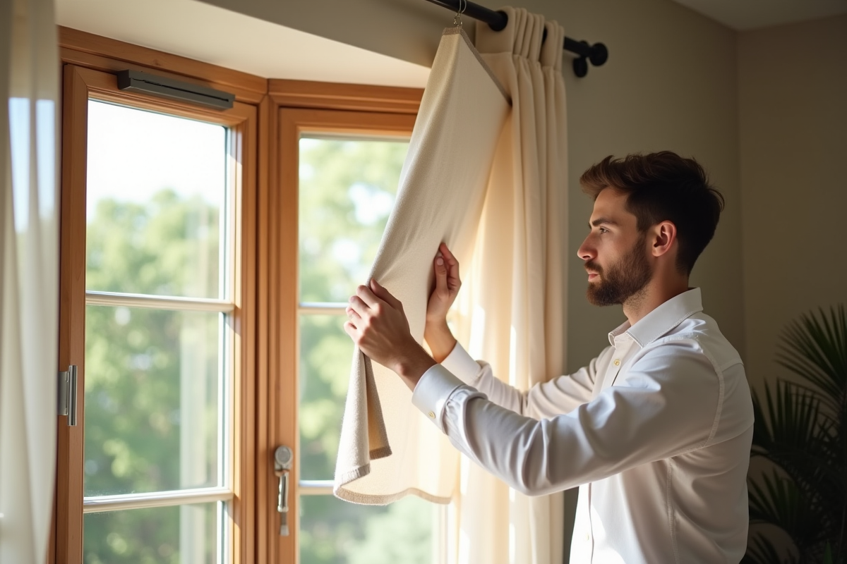 Jeune homme examinant un échantillon de tissu devant une fenêtre