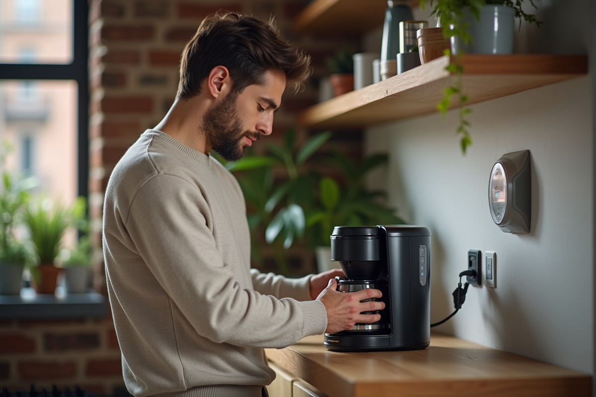 Jeune homme branchant une cafetière électrique dans un appartement