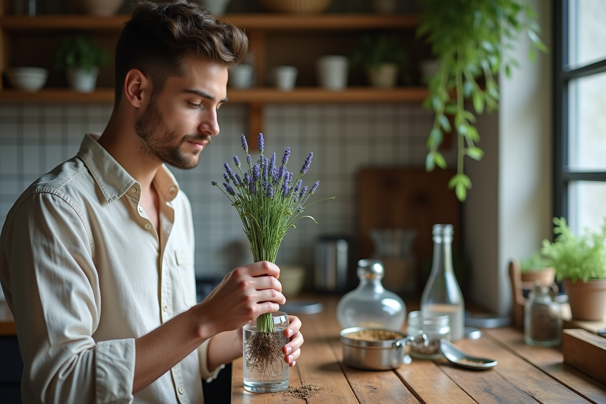 Jeune homme examine les racines de lavande dans un verre d
