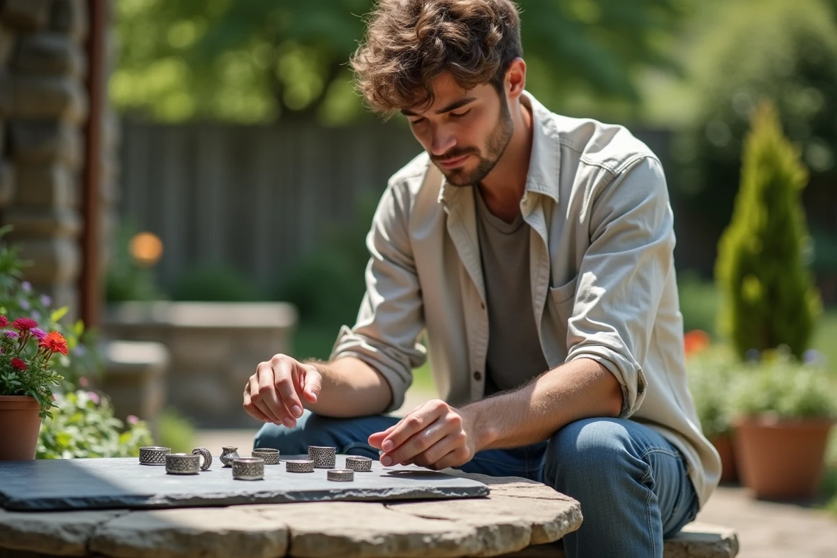 Jeune homme observant des bagues en argent dans un jardin