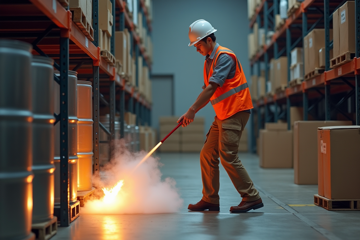 Jeune homme en gilet de sécurité éteignant un feu dans un entrepôt