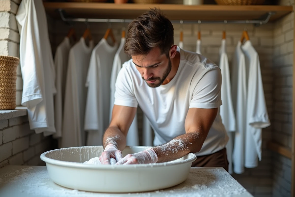 Jeune homme lavant un vêtement blanc à la main dans la buanderie