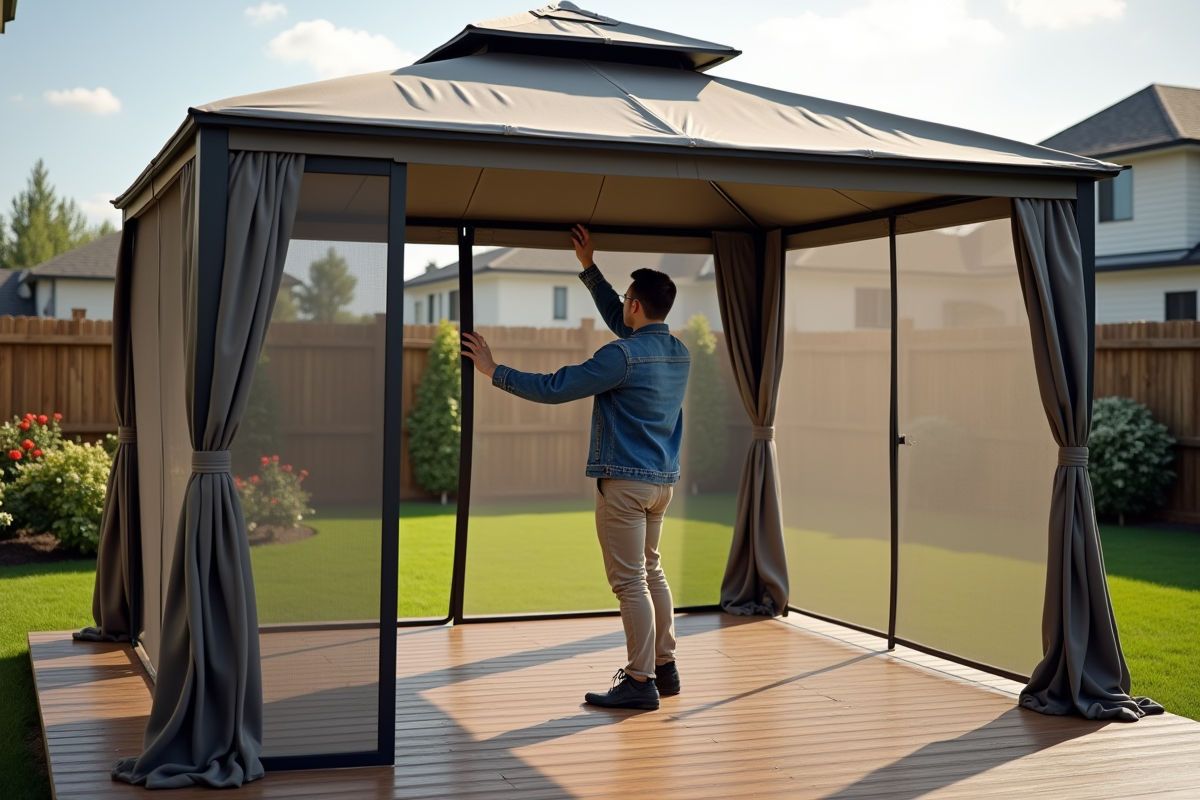 Jeune homme fixant un mur moustiquaire sur un gazebo