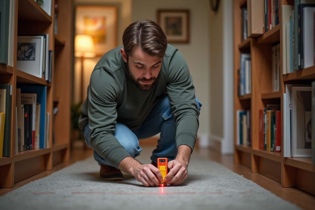 Jeune homme mesurant un couloir avec laser