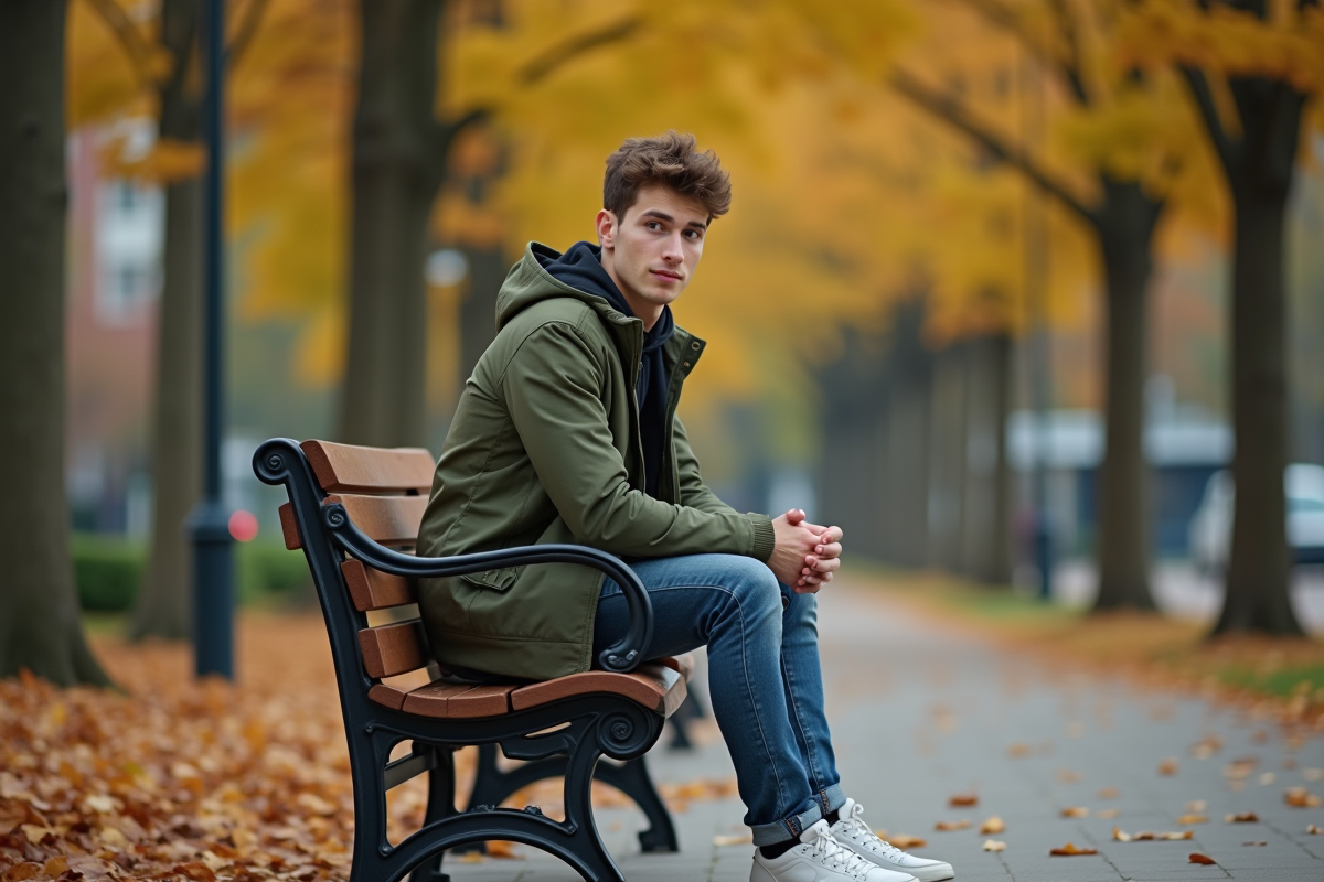 Jeune homme en veste olive dans un parc automnal