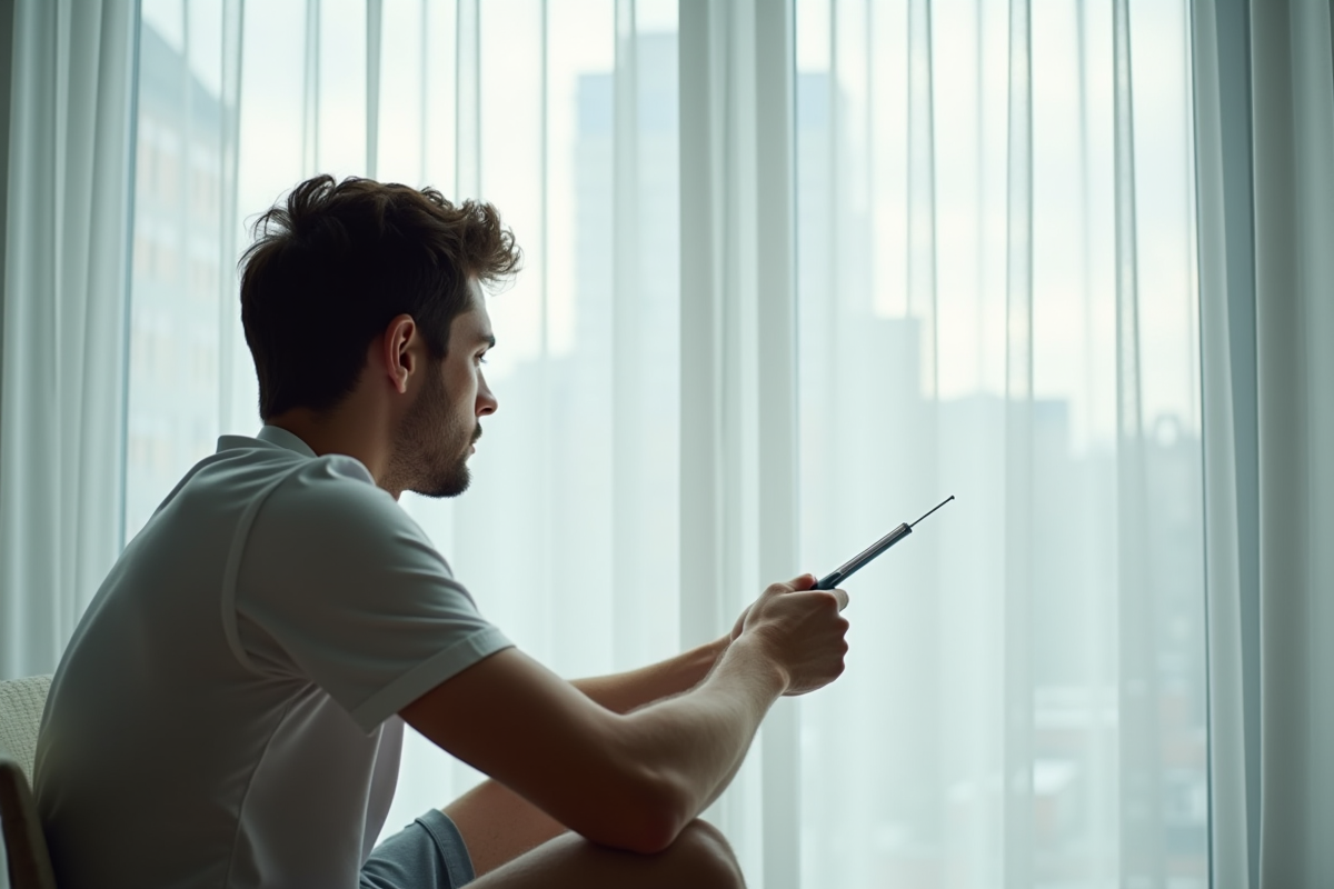 Jeune homme regardant un rideau thermique blanc